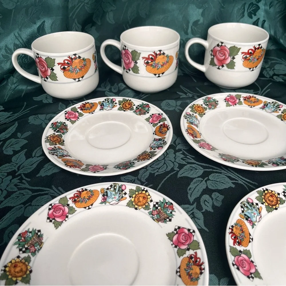 Vintage UTE Tea 3 Cups & 4 Plates Charming Hats & Florals in Engelbreit-style